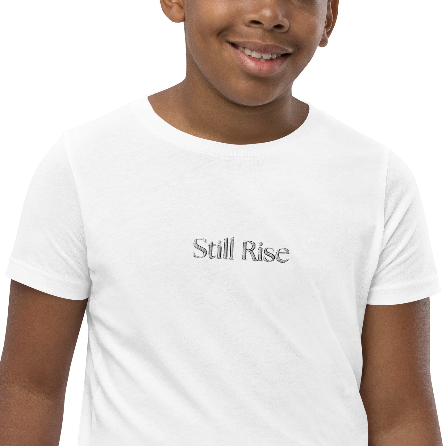 THSR Youth T-Shirt with Center-Chest Logo – White T-shirt Featuring Bold Black "Still Rise" Design for Kids