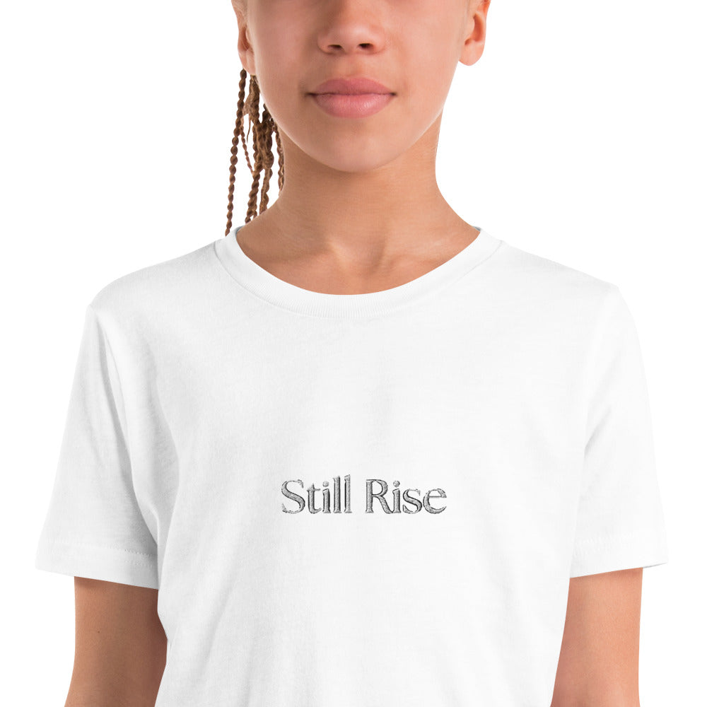 THSR Youth T-Shirt with Center-Chest Logo – White T-shirt Featuring Bold Black "Still Rise" Design for Kids