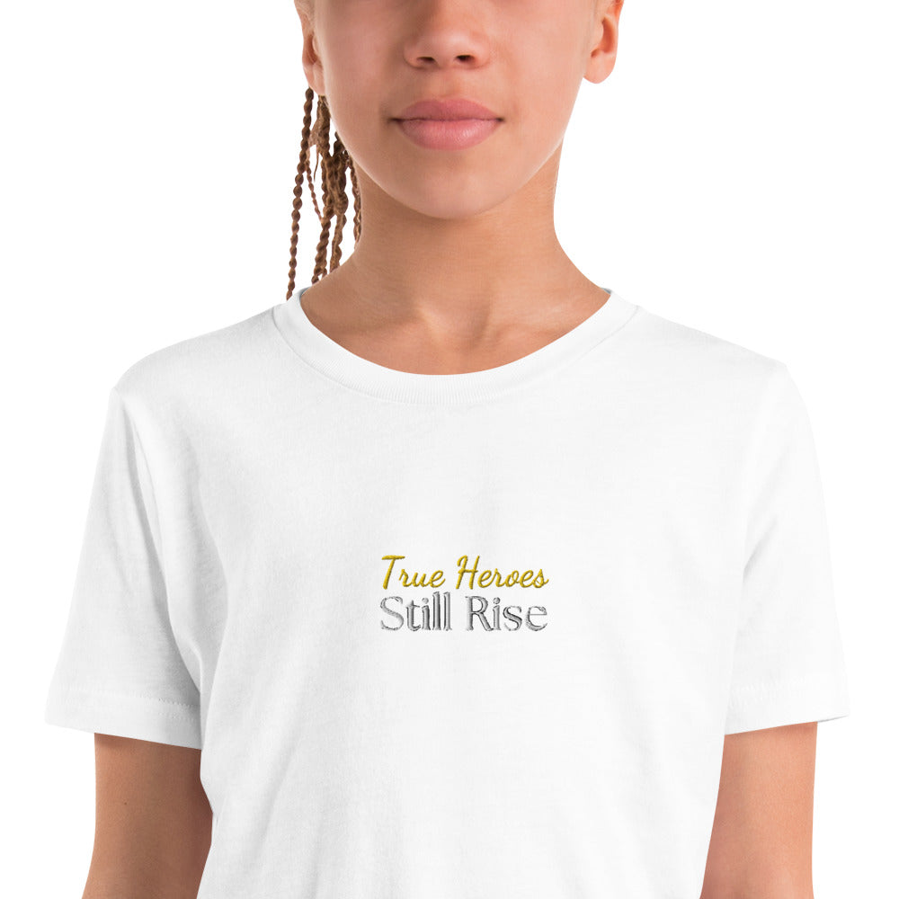 THSR Youth T-Shirt with Center-Chest Logo – White T-shirt Featuring Bold Gold and Black "True Heroes Still Rise" Design for Kids