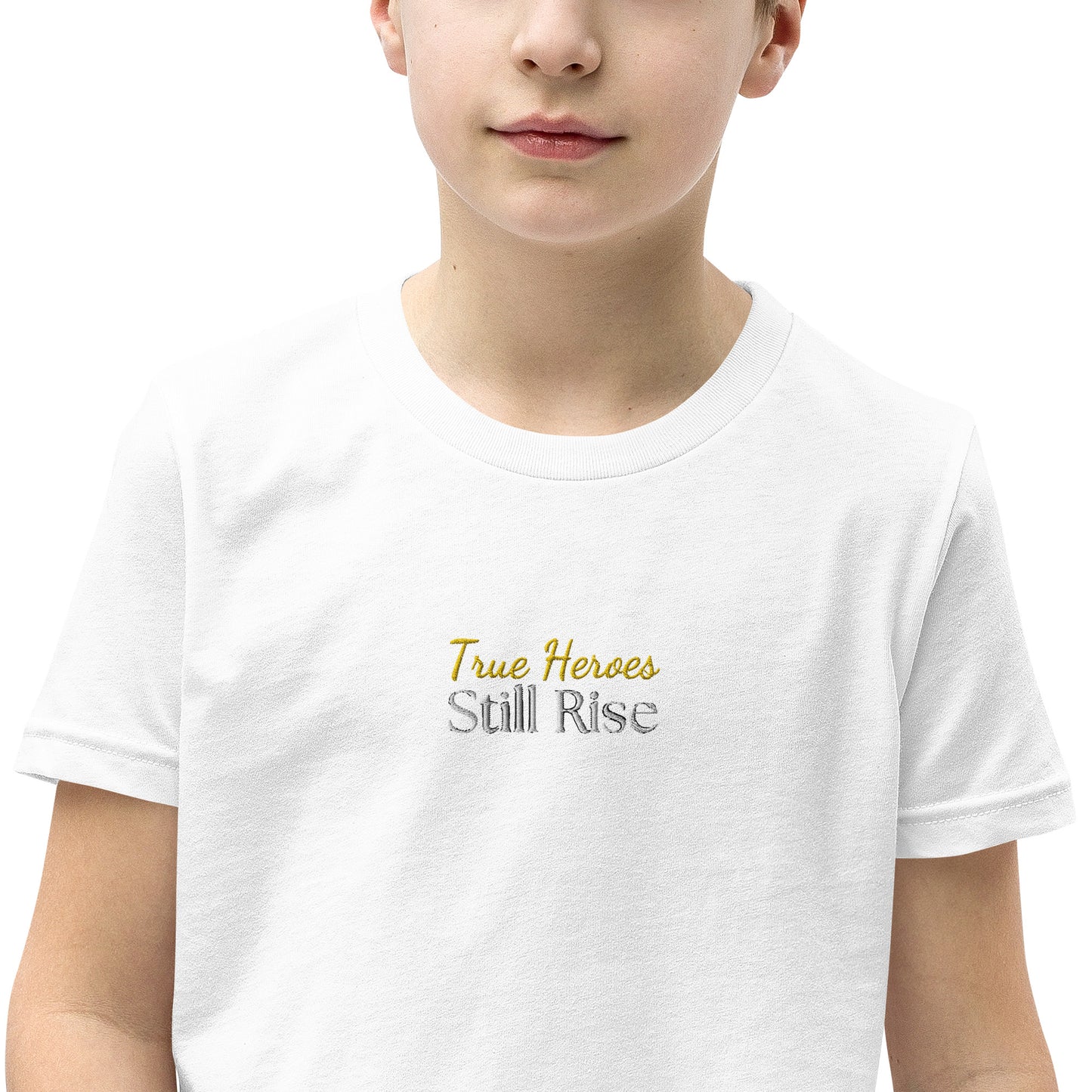 THSR Youth T-Shirt with Center-Chest Logo – White T-shirt Featuring Bold Gold and Black "True Heroes Still Rise" Design for Kids