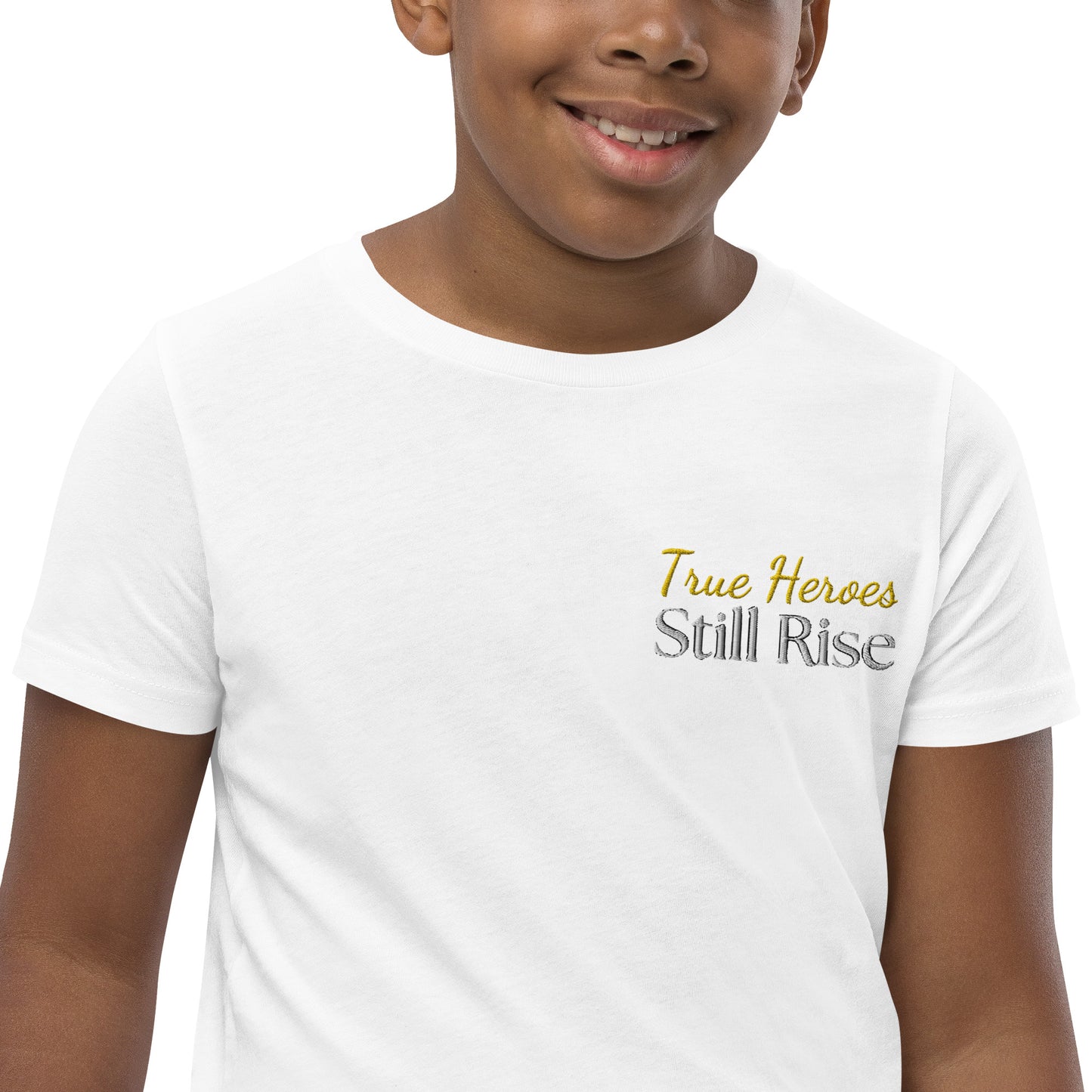 THSR Youth T-Shirt with Left-Chest Logo – White T-shirt Featuring Bold Gold and Black "True Heroes Still Rise" Design for Kids