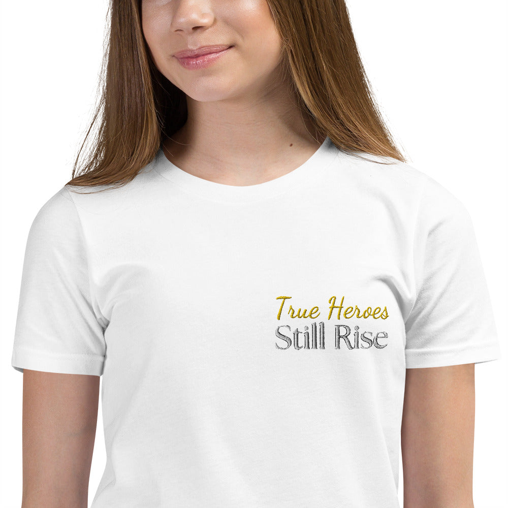 THSR Youth T-Shirt with Left-Chest Logo – White T-shirt Featuring Bold Gold and Black "True Heroes Still Rise" Design for Kids