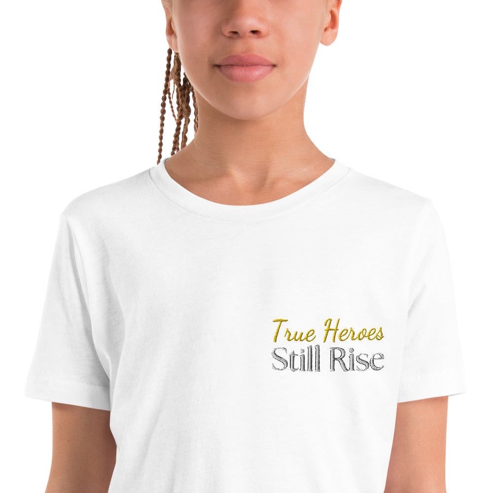 THSR Youth T-Shirt with Left-Chest Logo – White T-shirt Featuring Bold Gold and Black "True Heroes Still Rise" Design for Kids