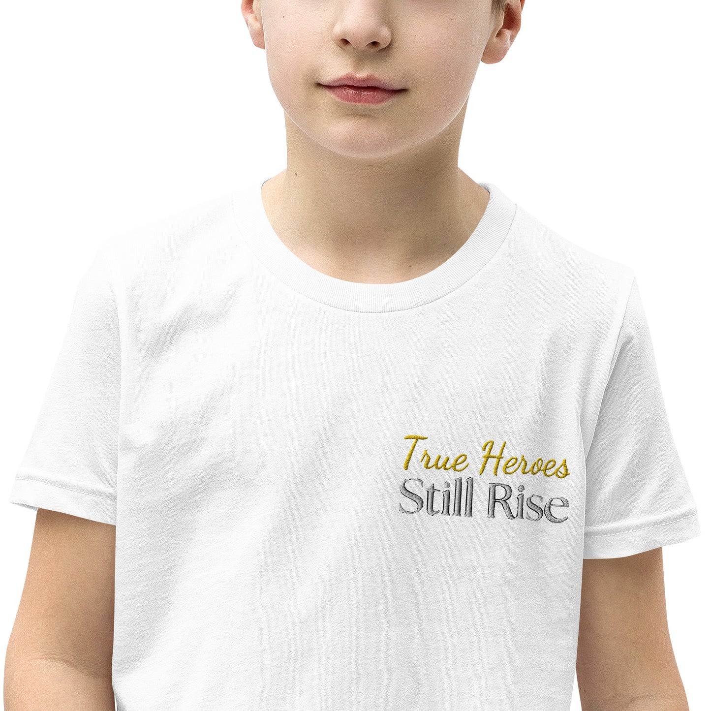 THSR Youth T-Shirt with Left-Chest Logo – White T-shirt Featuring Bold Gold and Black "True Heroes Still Rise" Design for Kids