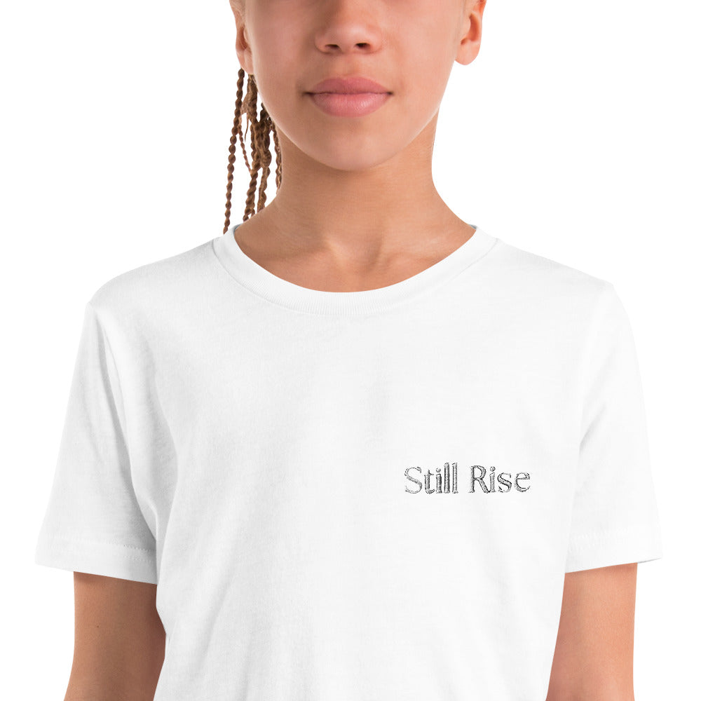 THSR Youth T-Shirt with Left-Chest Logo – White T-shirt Featuring Bold Black "Still Rise" Design for Kids