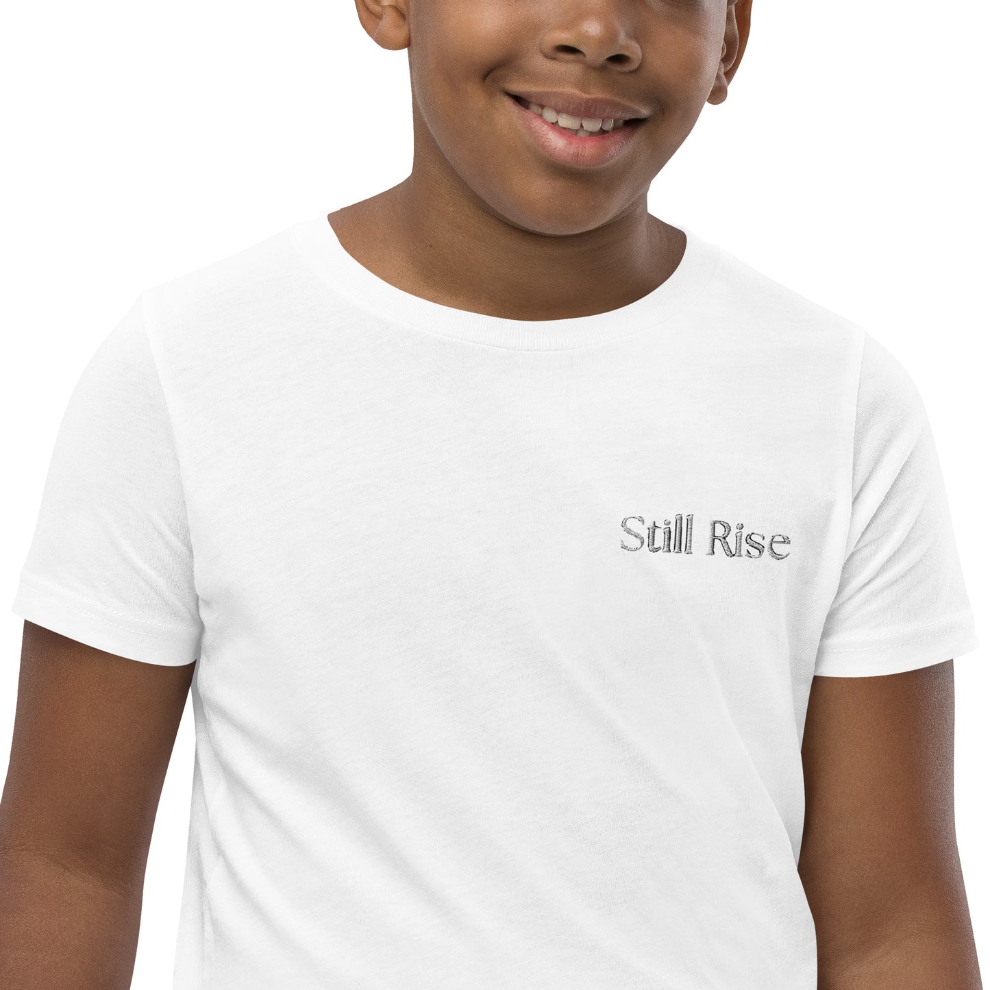 THSR Youth T-Shirt with Left-Chest Logo – White T-shirt Featuring Bold Black "Still Rise" Design for Kids