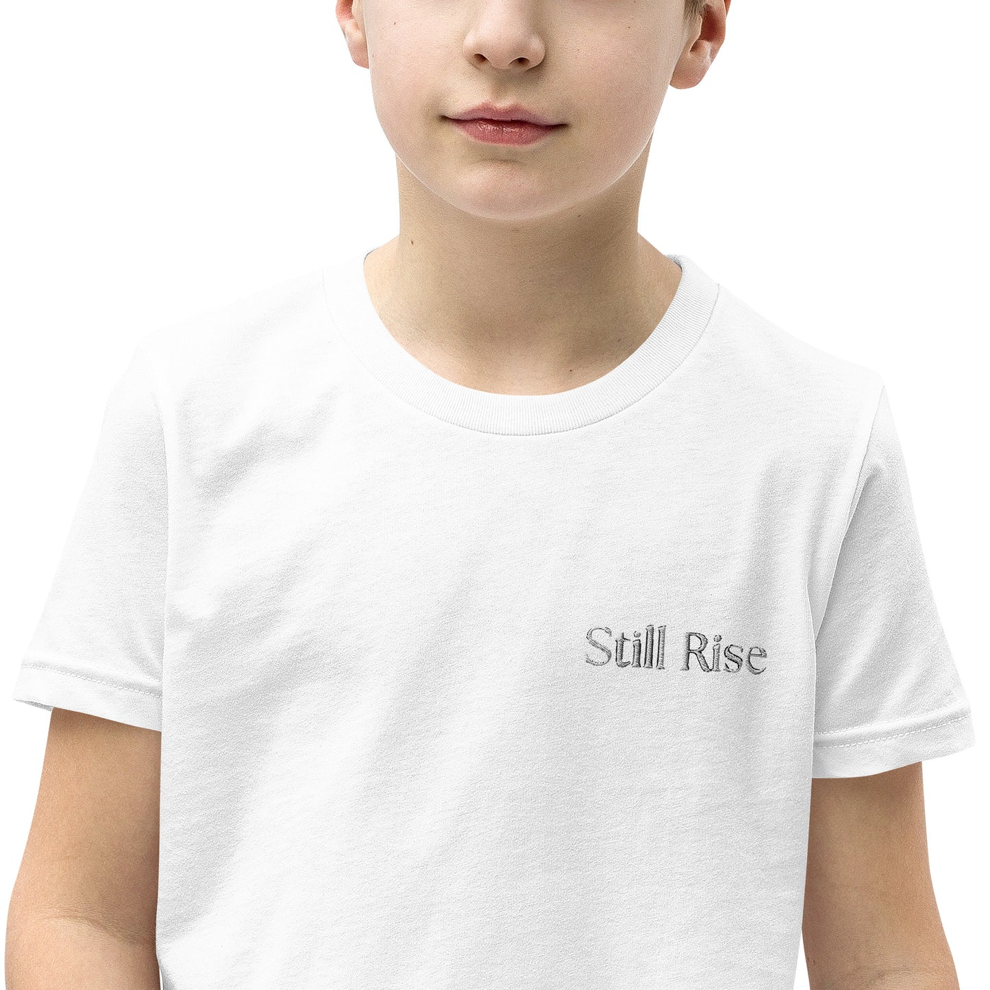 THSR Youth T-Shirt with Left-Chest Logo – White T-shirt Featuring Bold Black "Still Rise" Design for Kids